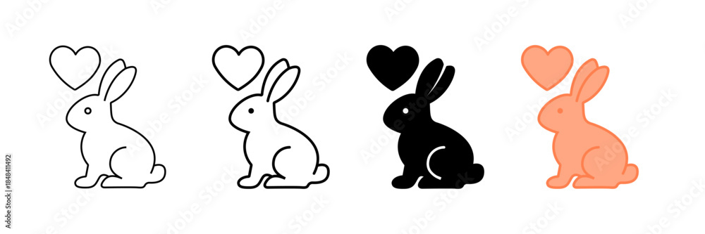 Obraz premium Set of minimalist rabbit and heart icons with transparent background, depicting cute pets, love symbols, animal care, and romantic concepts, vector illustration