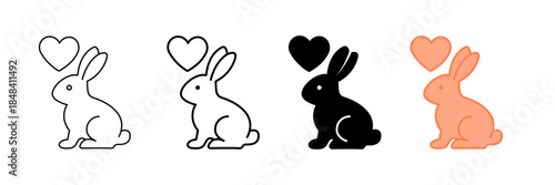 Set of minimalist rabbit and heart icons with transparent background, depicting cute pets, love symbols, animal care, and romantic concepts, vector illustration