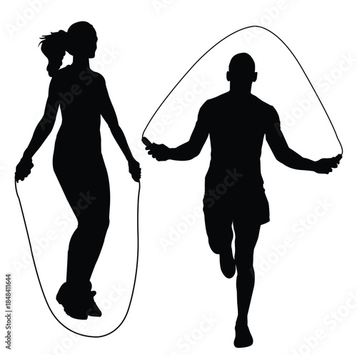 Silhouette of a young couple works out with skipping ropes