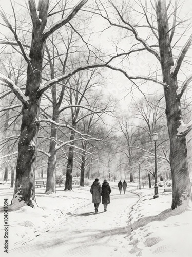 Monochrome pencil sketch of a winter park
