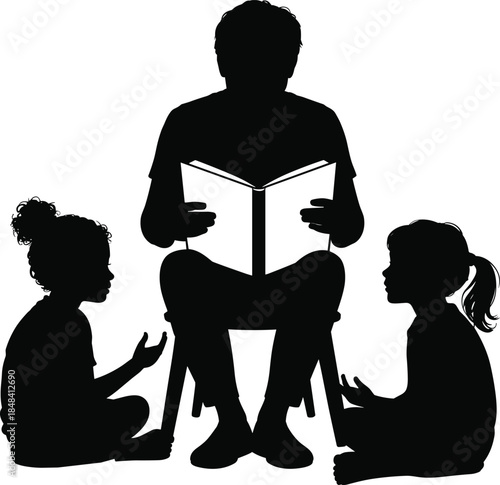 Silhouette of a person reading a book to two children in a heartwarming scene