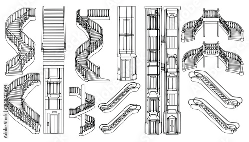 Set of Architectural Stairs, Elevators, and Escalators Line Art Sketches for Interior Design and Construction