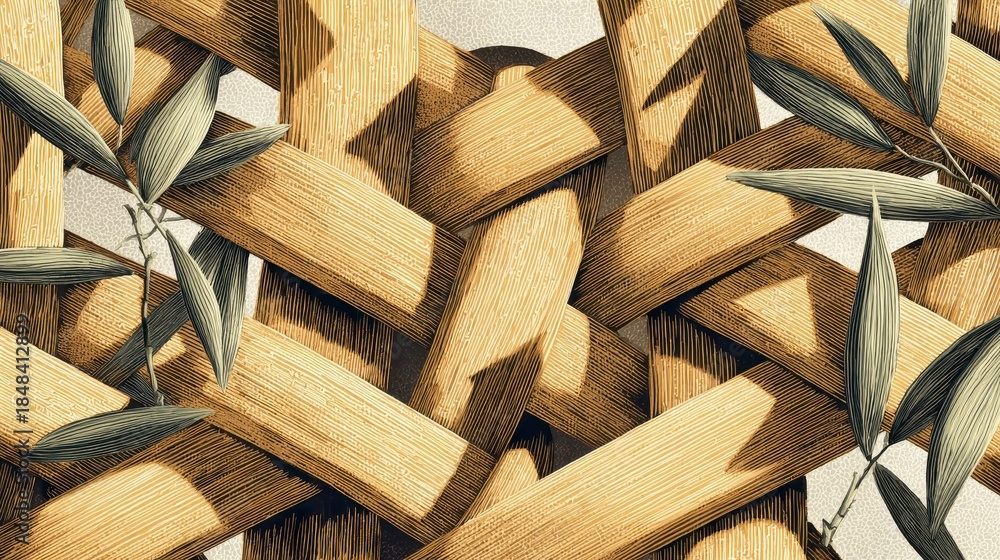 Fototapeta premium A close-up of interwoven wooden elements with olive-green leafy sprigs. The image showcases natural textures and warm lighting