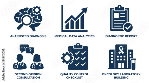Vector icons Collection of medical and healthcare icons representing diagnostics data and consultation. Vector Illustration. EPS Editable