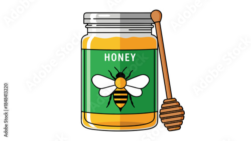 Vector Illustration of Honey Jar with Bee and Dipper
