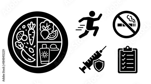 Vector icons Health and Wellness Icons Set with Nutrition Exercise and Medical Symbols. Vector Illustration. EPS Editable