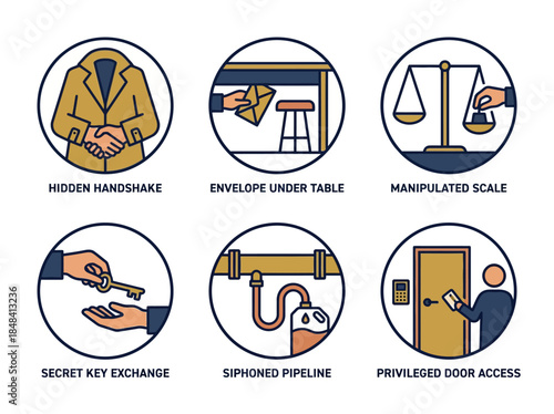 Vector icons Illustrations depicting various forms of corruption and illicit activities. Vector Illustration. EPS Editable