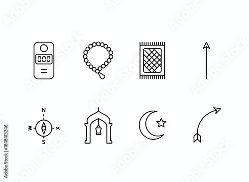 Vector icons Islamic prayer essentials and symbols line art collection. Vector Illustration. EPS Editable