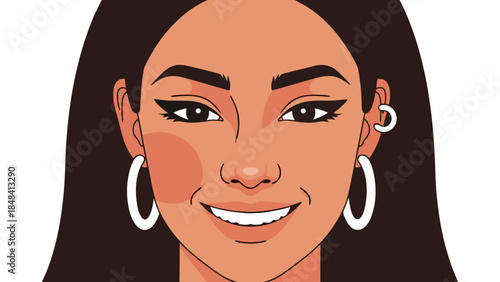 Vector Portrait of a Smiling Woman with Hoop Earrings and Dark Hair