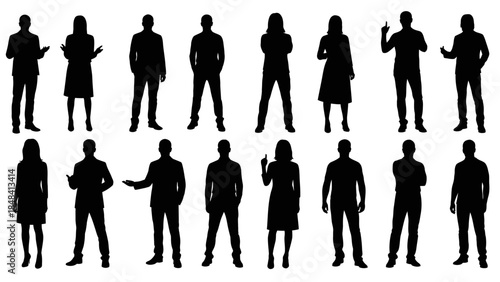 Silhouettes of Diverse Business Professionals in Various Poses, Representing Teamwork and Corporate Dynamics