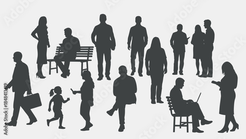 Collection of diverse human silhouettes engaged in various everyday activities, depicting a spectrum of social interactions and personal pursuits