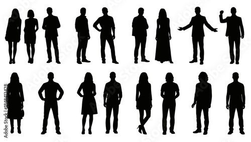 Silhouettes of diverse people standing in various poses representing a crowd or group