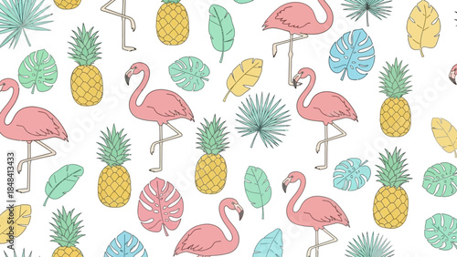 Tropical Summer Vibes Flamingo and Pineapple Pattern
