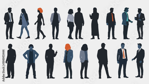 Collection of diverse silhouettes of men and women in various poses, representing a professional and social gathering