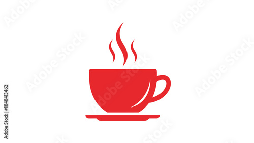 A simple, clean red icon of a steaming cup of coffee on a saucer, representing hot beverages and relaxation