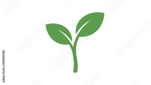 A simple, minimalist graphic illustration of a young green sprout with two leaves emerging from a stem, symbolizing growth, nature, and new beginnings