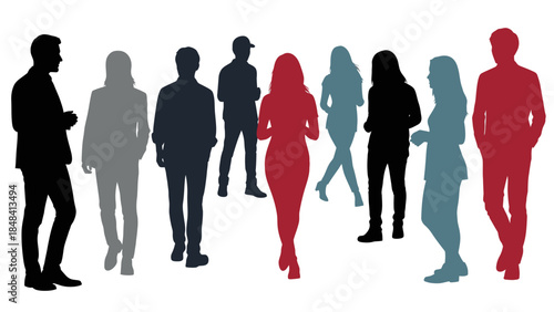 Diverse group of silhouetted individuals in various colors, representing a gathering or meeting of people