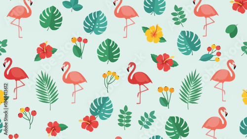 Tropical pattern with flamingos, Monstera leaves, and hibiscus flowers, perfect for summer designs and decorations