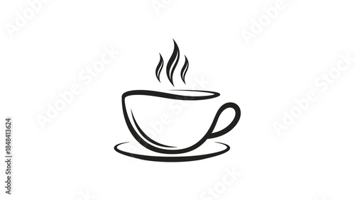 A Minimalist Black and White Line Art Illustration of a Steaming Cup of Coffee on a Saucer