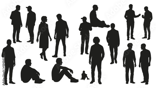 Collection of silhouette figures in various poses conveying human interactions and activities