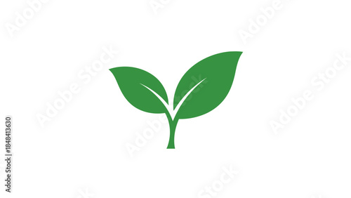 A minimalist graphic of two green leaves emerging from a stem, symbolizing growth and nature