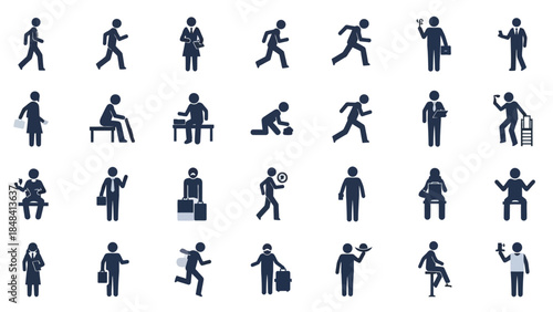 Collection of 30 Silhouette Icons Representing Diverse Human Activities and Poses