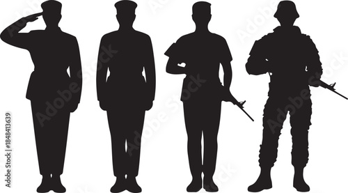 Four Soldiers Silhouette Different Uniforms and Poses