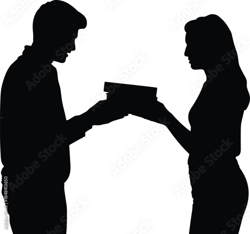 Silhouettes of a man and woman exchanging a book against a white background