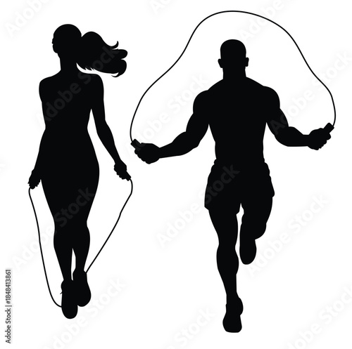Silhouette of a sporty young couple practices skipping rope