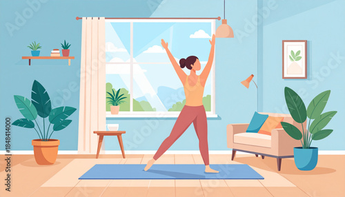 A woman exercising indoors on a yoga mat in a bright, plant-filled living room with a large window.