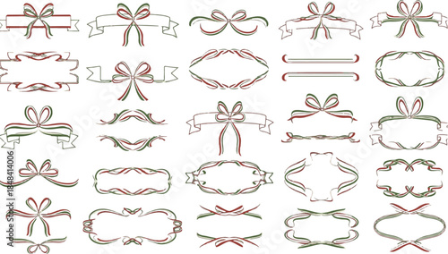 Set of 40 Modern Christmas Ribbon Frames with Minimalist Bow Ties – Elegant Red and Green Line Art Borders for Holiday Gift Tags