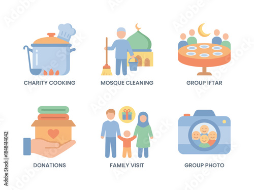 Vector icons Set of six flat design icons illustrating various Islamic charitable and community activities. Vector Illustration. EPS Editable