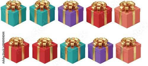 Colorful Gift Box Illustration Set Featuring Wrapped Present Boxes with Golden Bows for Christmas, Birthday, Holiday Celebration, and Festive Packaging Design