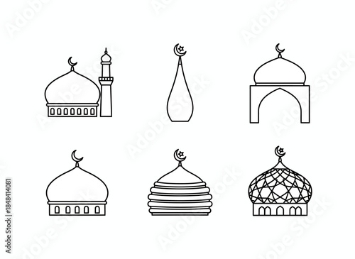 Vector icons Six Islamic domes line art icons. Vector Illustration. EPS Editable