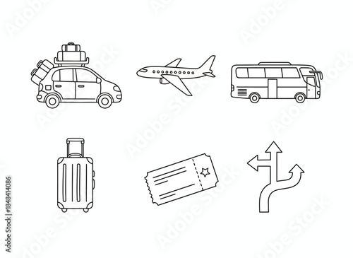 Vector icons Travel and Transportation Doodle Icons Set for Journey and Vacation. Vector Illustration. EPS Editable