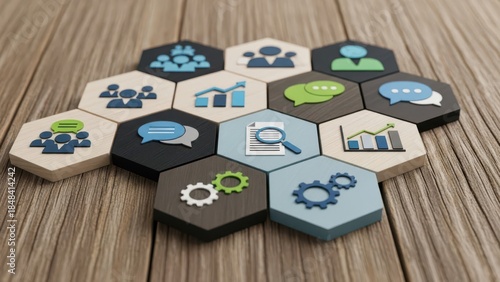 Business strategy and communication represented by hexagonal tiles with icons on wood © Sabina