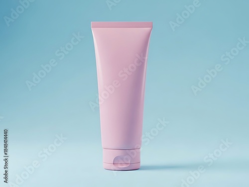 Pastel pink cosmetic tube on a light blue background, minimalist product shot