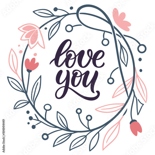 Elegant Typographic  Love You  With Floral Wreath  SVG Vector Design