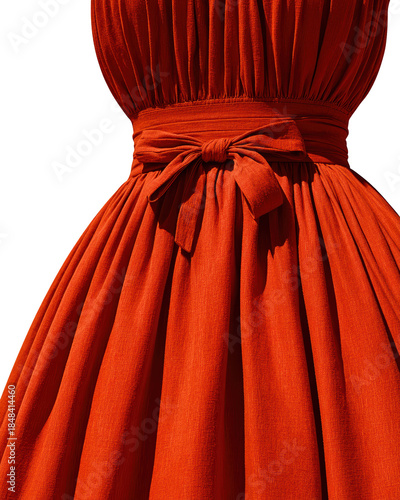 Elegant Red Dress with Gathered Bodice and Waist Tie Detail