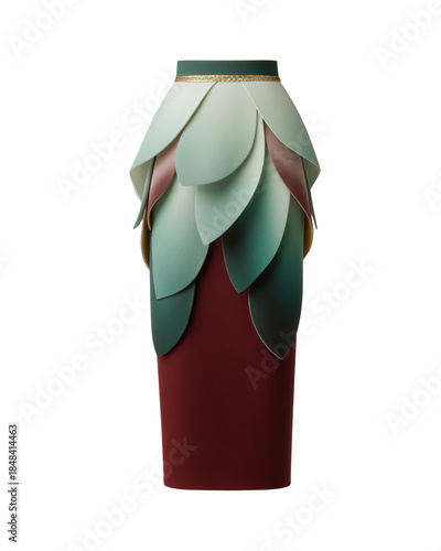 Elegant Red and Green Leaf Design Dress with Unique Architectural Shape