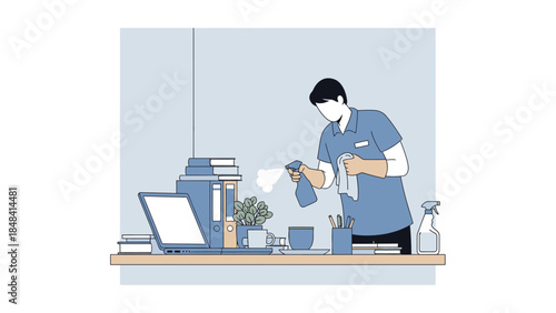 Man wearing face mask at desk.