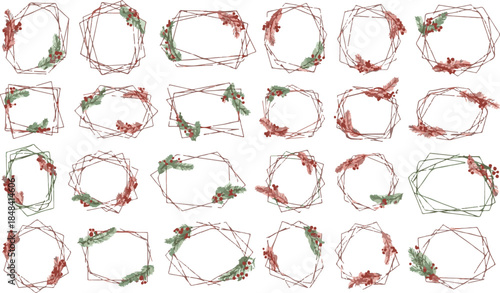 Elegant Rose Gold Geometric Christmas Frames with Watercolor Pine and Holly Berries – Set of 24 Festive Winter Borders