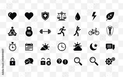 Collection of 30 black icons isolated on transparent background