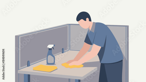 Man cleaning office desk surface.