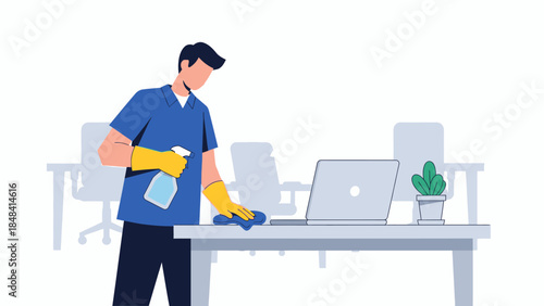 Man cleaning office desk surface.