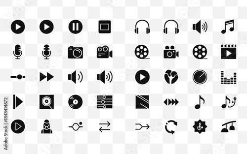Black and white audio video media icons isolated on transparent background