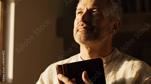 Man Reading Bible with Faith - A Caucasian man in a white shirt is shown holding and reading a Bible. He is looking up, showing faith and devotion in a spiritual moment with sunlight in the
