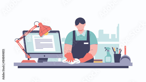 Man wearing apron at desk.