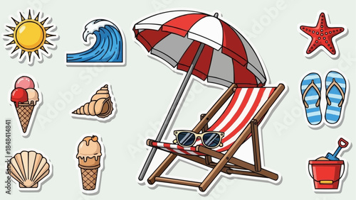 Beach chair and umbrella with summer vacation elements.