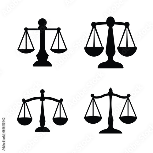 Four distinct black silhouette icons of justice scales representing law, balance, and fairness